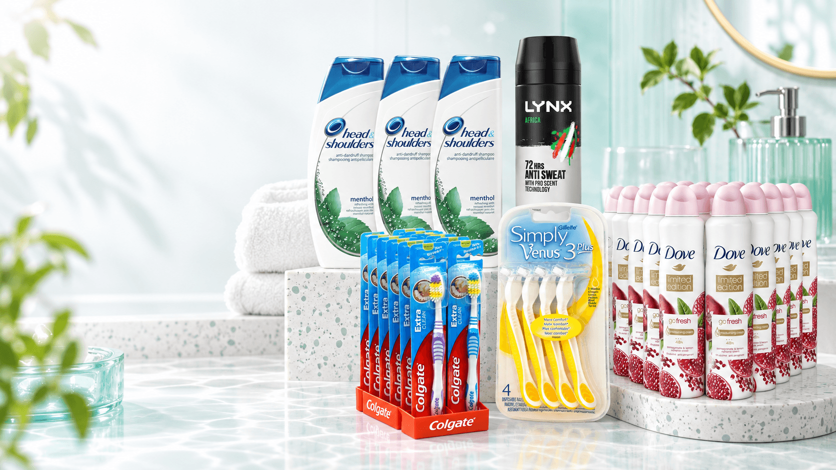 Everyday toiletries arranged in a fresh mint and white studio