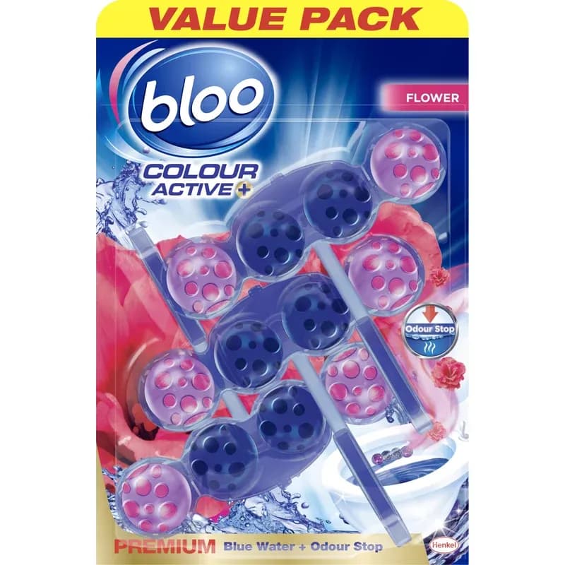 Bloo Colour Active Toilet Rim Block Fresh Flowers with Anti-Limescale, Cleaning Foam, Dirt Protection and Extra Freshness with Bloo Odour-Stop Technology, Pack of 3 Rimblocks
