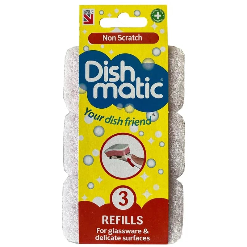 Dishmatic White Non-Scratch Washing-Up Sponge Refill Heads with Antibacterial Abrasive – Kitchen Washing-Up Handle Refills