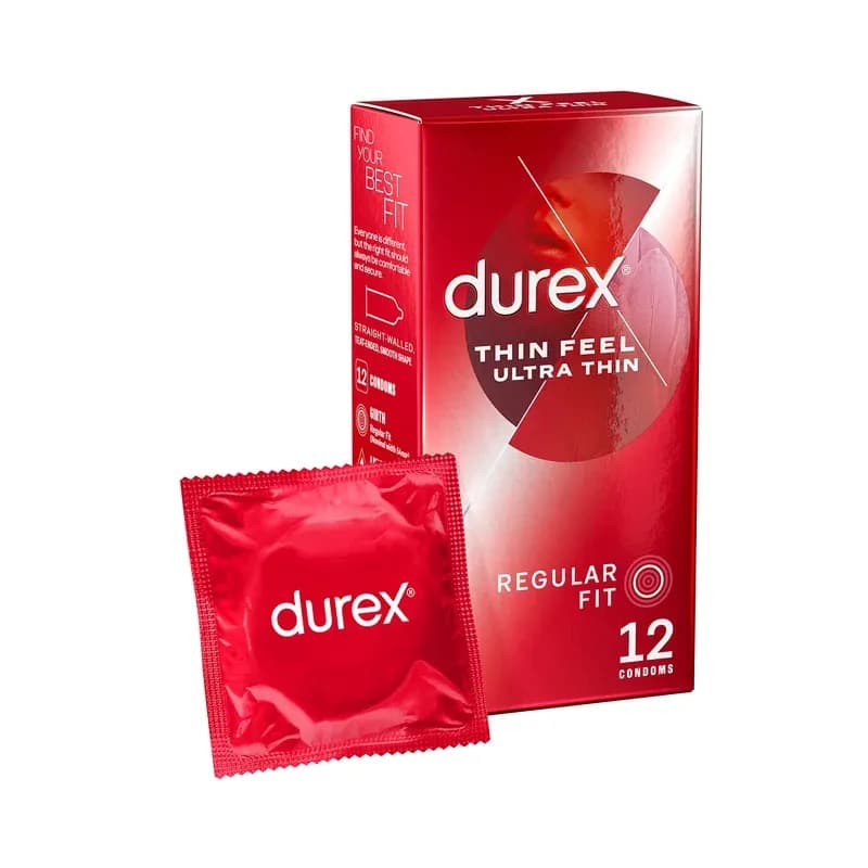 Durex Thin Feel Ultra Thin, 12 Condoms, Regular Fit, Teat Ended, Smooth Shape, With Silicone Lube, Trusted Durex Protection, Natural Latex Condoms