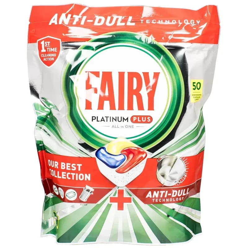 Fairy Platinum Plus Dishwasher Tablets Bulk, Lemon, 50 Tablets, Fairy's Best Tough Food Cleaning That Leaves Your Dishes Shiny Clean Like New