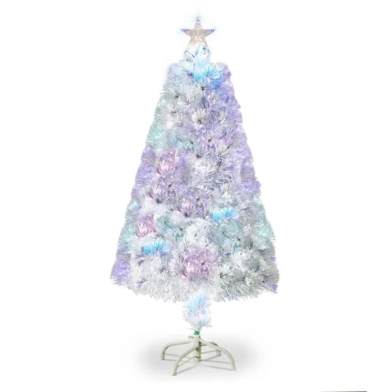 Lykos 3/4 Feet Top With Stars Plastic Base PVC Material Optical Fiber Christmas Tree White Christmas Party Decoration Home Store Decor (3 Ft White Color-Changing)