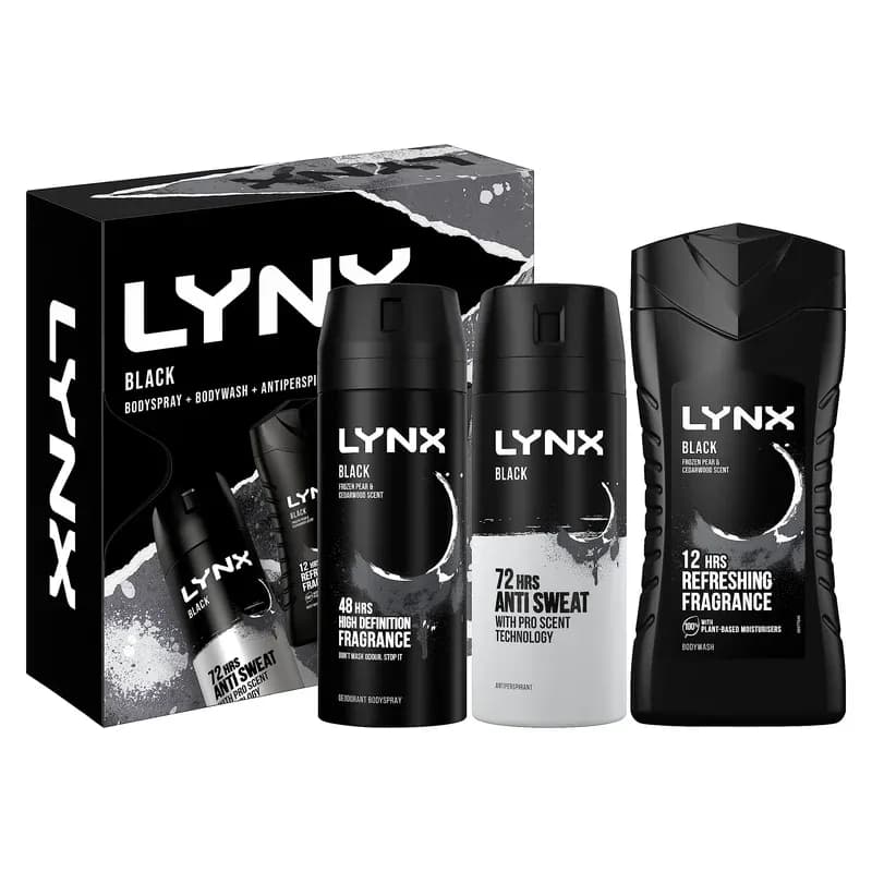 LYNX Black Trio Deodorant Gift Set Body Wash, Body Spray & Anti-Perspirant perfect for his daily routine 3 piece