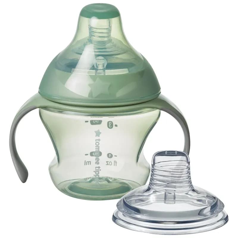 Tommee Tippee Transition Cup, Breast-Like Teat and Soft Silicone Spout, Removable Easy-Grip Handles, Leakproof Lid, 150ml, 4-7m+, Green