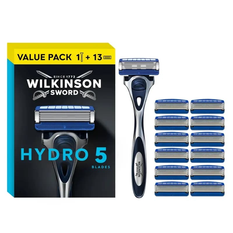 Wilkinson Sword Hydro 5 Men’s Razor, Great Addition to Wash Bags for Men's Grooming, Great Shavers for Routine Shaving, 1 Reusable Handle plus 13 Refill Blades Pack